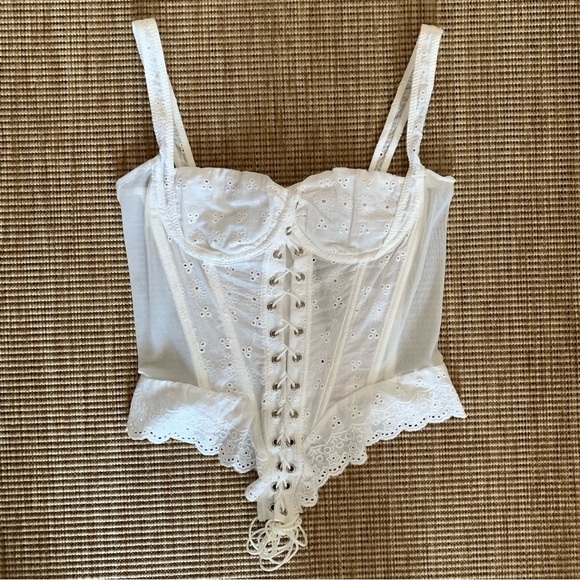 Miaou Tops - NWT Miaou Deville Cotton Eyelet Sheer Lace Tie Bustier Corset Top Cottage White